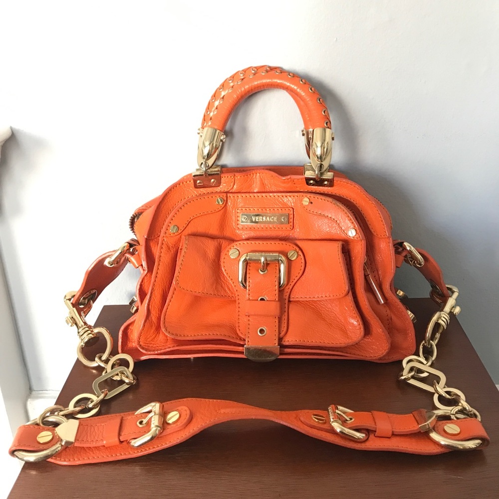 Versace Orange Leather and Gold Chain Shoulder Bag